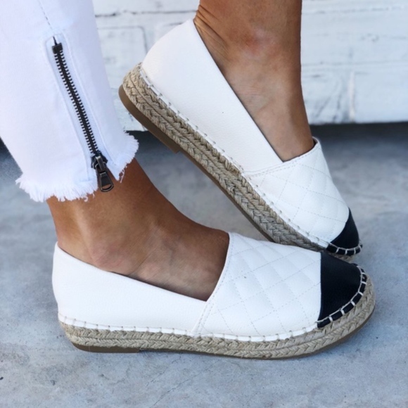Shoes - White/Black Quilted Espadrille Slip-on Sneakers